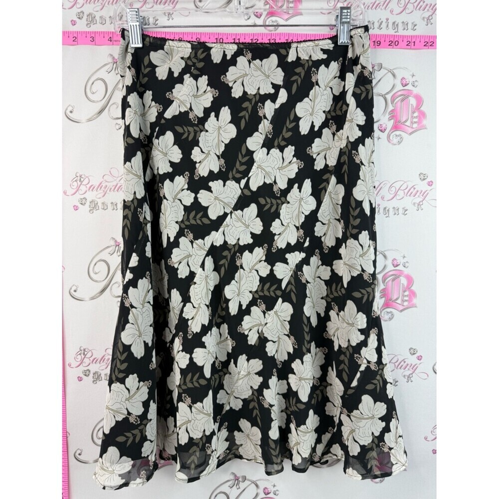 Espirit skirt flowers hibiscus Floral A-Line Skirt - Black with Cream Flowers